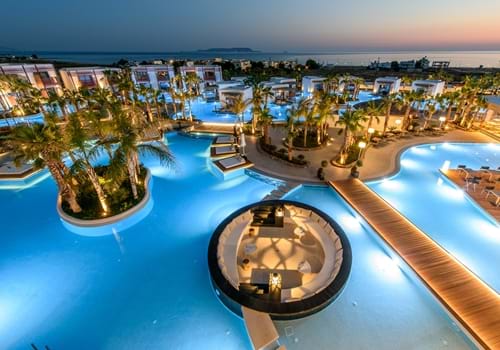 Aerial View at Stella Island Luxury Resort, Anaplisi, Crete, Greece.